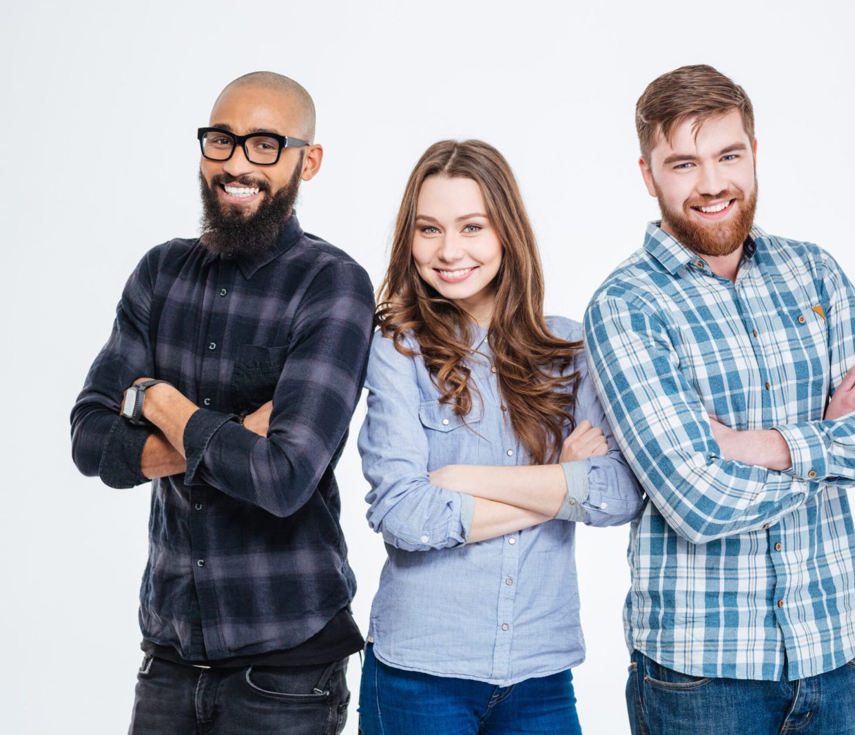 Multiethnic,Group,Of,Three,Confident,Smiling,Students,Standing